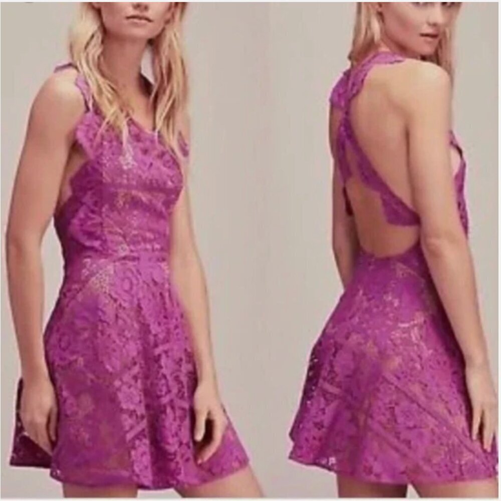 For Love & Lemons Gianna Apron Mini Dress Floral Lace Sleeveless Open Purple XS - Picture 12 of 13